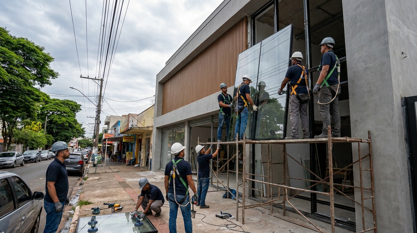 Fachada de vidro com andaime lateral em Uberlândia-MG