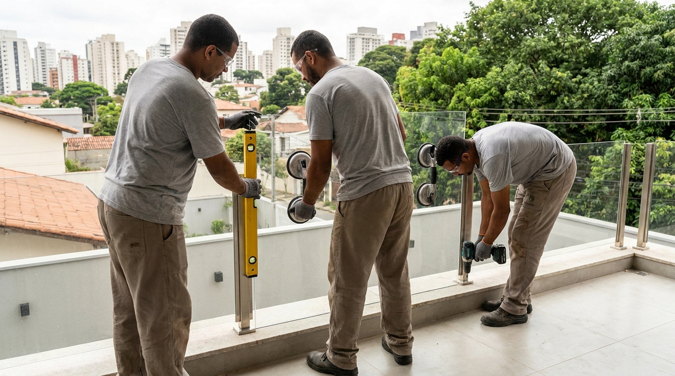 Guarda-corpo em terraço alto com vista cidade em Uberlândia-MG